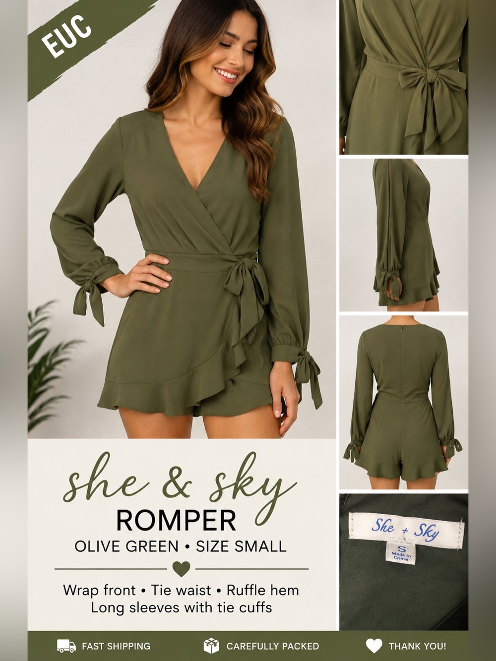 She + Sky Blue Faux Wrap Ruffle Mini Romper Long Sleeve Tie